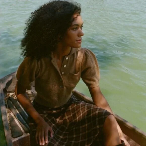 Doen Mila Alpaca Wool Button Collar Puff Short Sleeve Knit Sweater Top Hazelnut - Picture 3 of 14